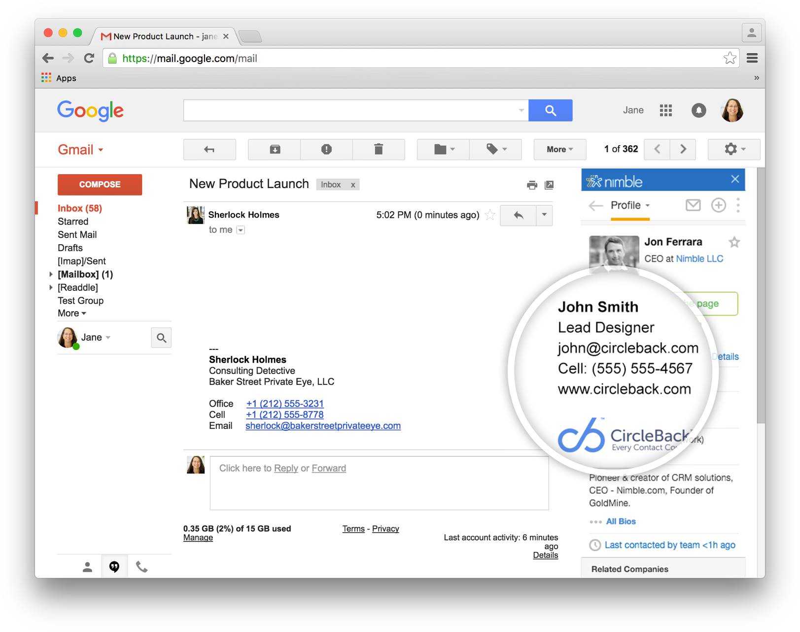 CircleBack + Nimble Email Capture Integration for Gmail